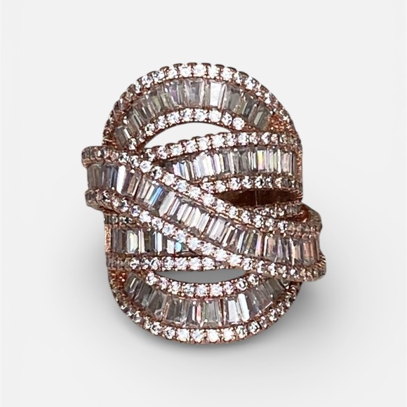 Rose Gold Cocktail Crossover Diamond Baguette Glamour Sterling Silver Chic Ring